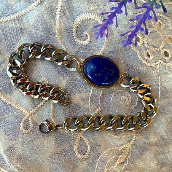 VTG Lapis Lazuli Cabochon 316L Stainless Steel Bracelet - Unisex - Picture 2 of 9